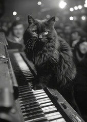 A Black and White vintage style photo of a black cat sat on a piano in a busy bar at night - 745957053