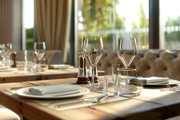 Contemporary fine dining restaurant concept, restaurant table, Wine glasses in the restaurant table, Dining table in the luxury restaurant,