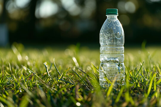 Close up of empty used crashed plastic water bottle on grass. Garbage, plastic bottles, recycling waste, pollution, forestry, keep clean