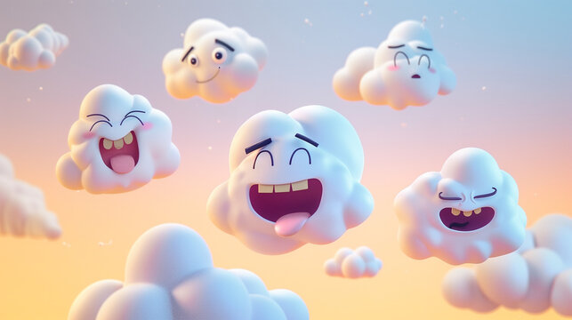 Animated Skies: Expressive Cartoon Clouds with Faces Against a Warm Pastel Sunset, Whimsical 3D Illustration