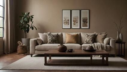 Earthy tones in a room with a beige couch against a taupe painted wall.