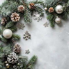 Fototapeta na wymiar Festive Fir: Christmas Composition with Snowflakes and Decorations on Pastel Gray Background