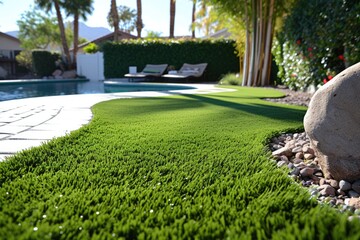 Fresh Artificial Lawn Enhancing Poolside and Walkway Aesthetics