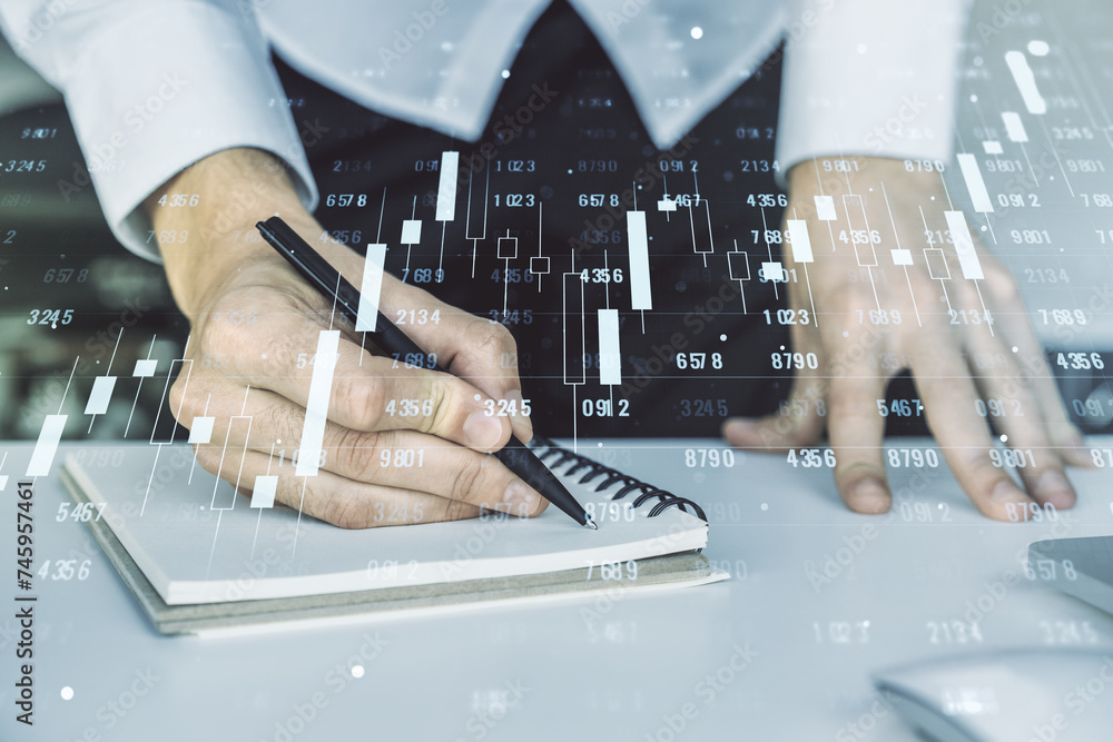 Poster abstract creative stats data concept with hand writing in notebook on background with laptop. multie