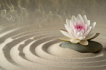 Spa Stones And Waterlily With Fountain In Zen Garden. Detail of lotus flower on a blurred background,