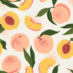 Fresh Slices Juicy Peaches seamless pattern. Vector illustration in trendy colors
