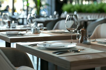 Contemporary fine dining restaurant concept, restaurant table, Wine glasses in the restaurant table, Dining table in the luxury restaurant,