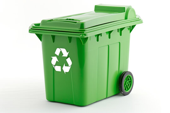 Large green plastic waste bins, close up. Row of municipal green community composting bins