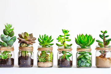 Small pots with cactus and succulent flowers. Organic plants on a white background. Small succulent wedding favors potted plant