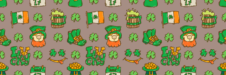 St Patricks Day seamless pattern background cute hand-drawn Irish holiday icons, symbols, and elements.