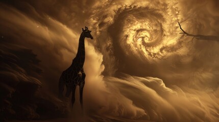 A graceful giraffe standing tall against the backdrop of a swirling tornado, symbolizing the calm amidst chaos