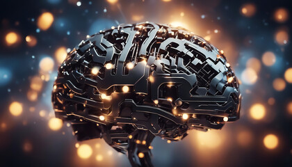 Artificial intelligence. Metal artificial brain. Ski-fi concept. Fantastic illustration. AI generated