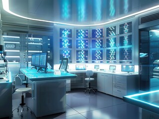 Advanced biotech lab with DNA sequencing technology, showcasing the future of personalized medicine and genetic engineering