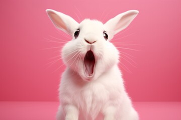 a white rabbit with its mouth open