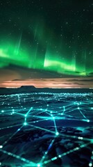 Fototapeta na wymiar Aurora Borealis illuminating a blockchain network across the polar sky, a symphony of light and data
