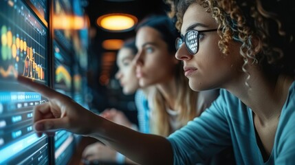 Group of people looking at data analysis on digital monitor displaying various marketing data. Generative AI.