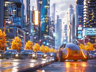 Autonomous car in a smart cityscape, with interactive AI and seamless integration with daily life