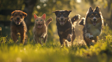 four dogs and a cat running in grass