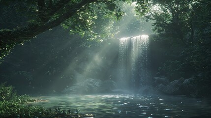 Capture the tranquility of a secluded waterfall amidst lush greenery, with sunlight filtering through the leaves, creating a peaceful, ethereal glow - obrazy, fototapety, plakaty