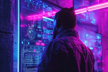 Cyber crime investigation, a digital detective uncovering hidden data trails in a neon-lit, cyberpunk setting