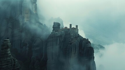 Majestic Meteora monasteries perched atop towering rock formations, shrouded in mist, evoking a sense of timeless serenity - obrazy, fototapety, plakaty