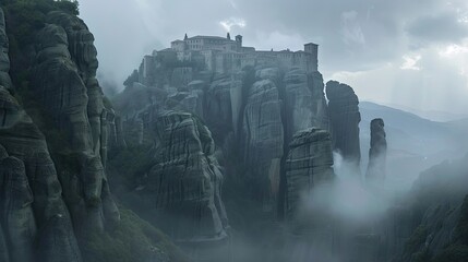 Majestic Meteora monasteries perched atop towering rock formations, shrouded in mist, evoking a sense of timeless serenity