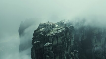 Majestic Meteora monasteries perched atop towering rock formations, shrouded in mist, evoking a sense of timeless serenity - obrazy, fototapety, plakaty