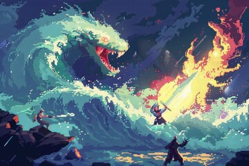 Pixel art adventure scene with a vampire hero battling against tsunami forces, dynamic and heroic - obrazy, fototapety, plakaty
