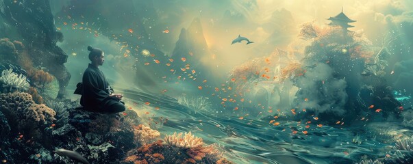 Samurai meditating by a coral reef, seeking wisdom as dolphins glide by, under the auspices of Ancient Greek philosophy and the light of a supernova - obrazy, fototapety, plakaty