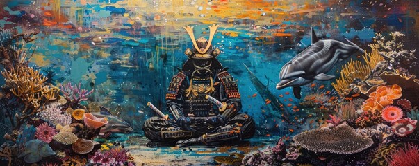 Samurai meditating by a coral reef, seeking wisdom as dolphins glide by, under the auspices of Ancient Greek philosophy and the light of a supernova