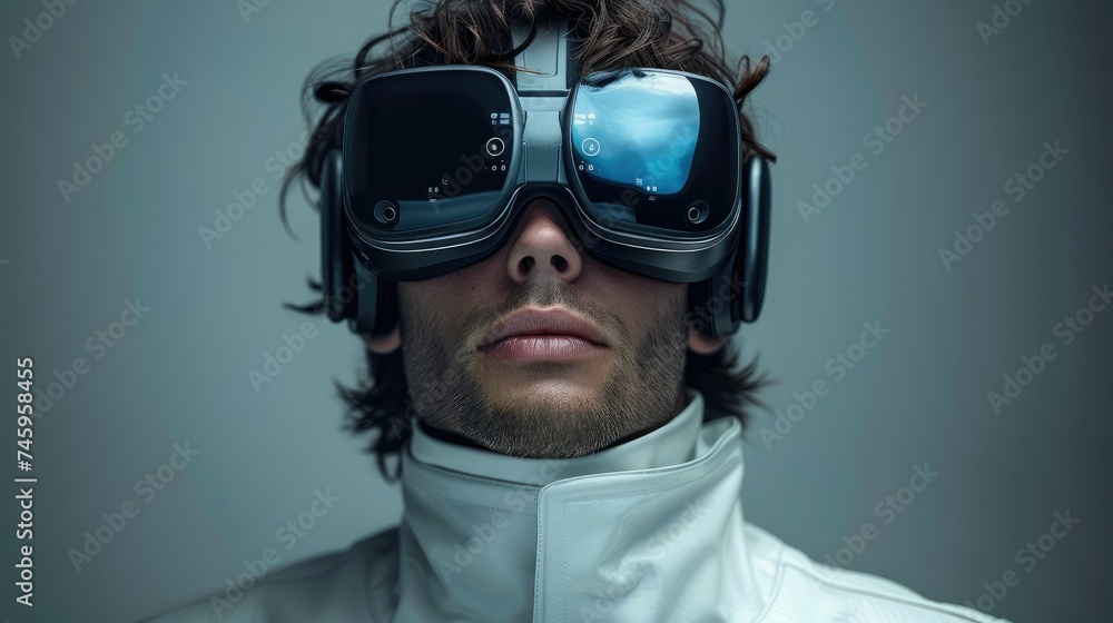 Fototapete a man immersed in virtual reality, adorned with minimalist and elegant goggles that seamlessly blend
