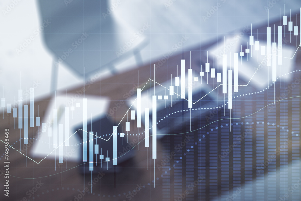 Poster multi exposure of abstract financial diagram and modern desk with computer on background, banking an