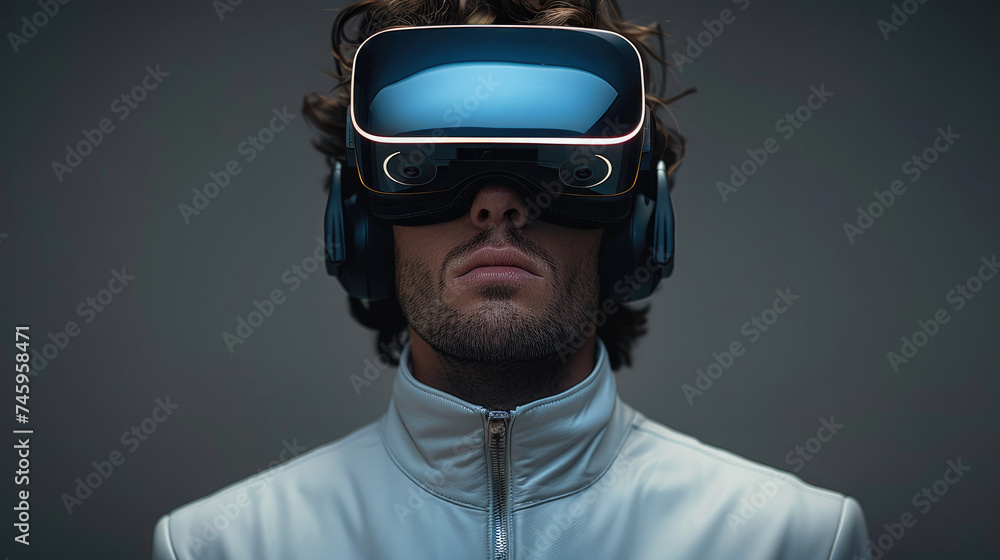 Aufkleber a man immersed in virtual reality, adorned with minimalist and elegant goggles that seamlessly blend