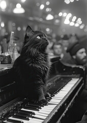 A Black and White vintage style photo of a black cat sat on a piano in a busy bar at night - 745958423