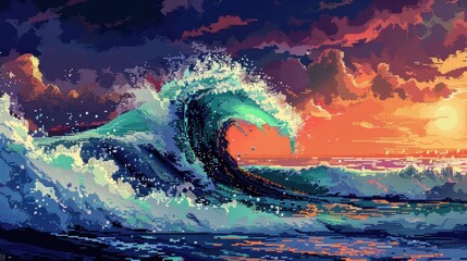 Vibrant pixel art tsunami wave crashing onto a mystic shore, eerie yet mesmerizing - obrazy, fototapety, plakaty