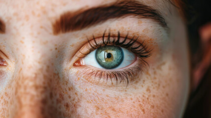 Window to the Soul: Intense Green Eye.
A detailed close-up captures the natural beauty of a green eye, surrounded by freckles and framed by auburn eyebrows. - obrazy, fototapety, plakaty