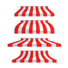 Store tent set. Shop canopy. Stripe awning. Market, Cafe sunshade. Vector illustration