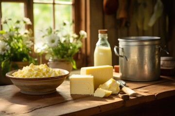 Golden morning light bathes a cozy rural kitchen with dairy essentials: butter, cheese, milk beside blooming flowers.