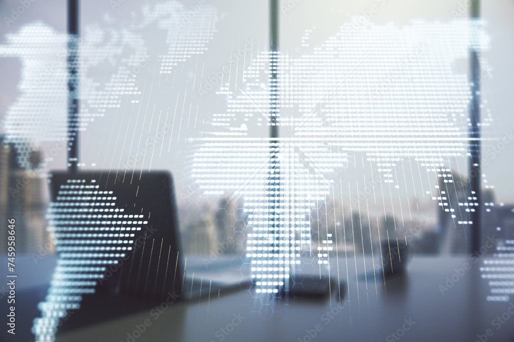 Aufkleber multi exposure of abstract graphic world map and modern desk with computer on background, connection