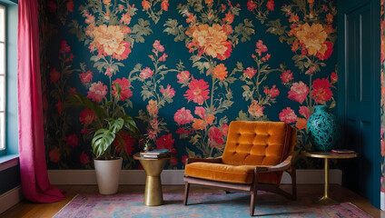Eclectic room interior featuring a patterned accent chair against a vibrant wallpaper.