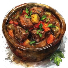 Beef stew recipe flat lay still life, watercolor illustration. ai generated