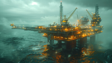a very detailed oil platform floating across the ocean, in the style of exquisite lighting, photo-realistic landscapes, flickr, high-angle, mesmerizing colorscapes, cornelis springer