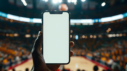 Man fan hands holding isolated smartphone device in basketball crowed stadium game with blank empty white screen, sports betting concept