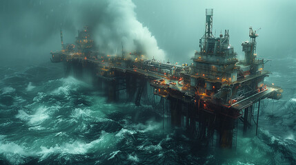 a very detailed oil platform floating across the ocean, in the style of exquisite lighting, photo-realistic landscapes, flickr, high-angle, mesmerizing colorscapes, cornelis springer - obrazy, fototapety, plakaty