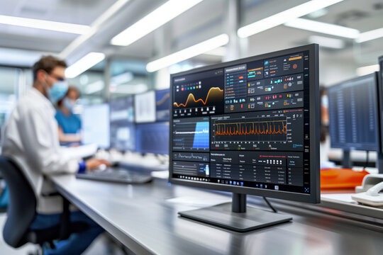 Selective focused at image of a healthcare data analytics workspace with blurred background of professionals at work inside medical room. 