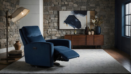 Elegant room setting featuring a navy blue recliner against a textured stone wall.