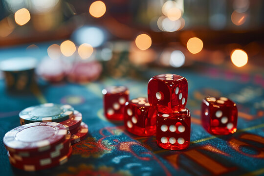 Image of several red dice falling on green table on background of multicolored spots. Casino theme. Close-up of casino table with red dice and chips