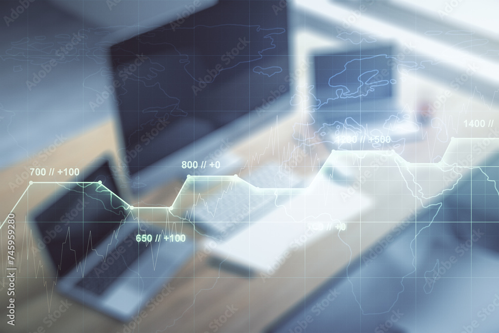 Poster multi exposure of abstract statistics data hologram interface and modern desk with computer on backg