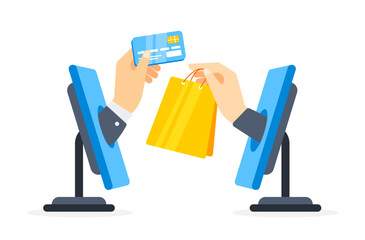 Two computer monitors exchanging a credit card and a shopping bag, depicting an online shopping transaction. Vector illustration