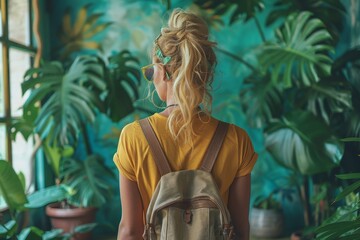A casually dressed woman with a backpack is seen from the back in an exotic, lush indoor garden